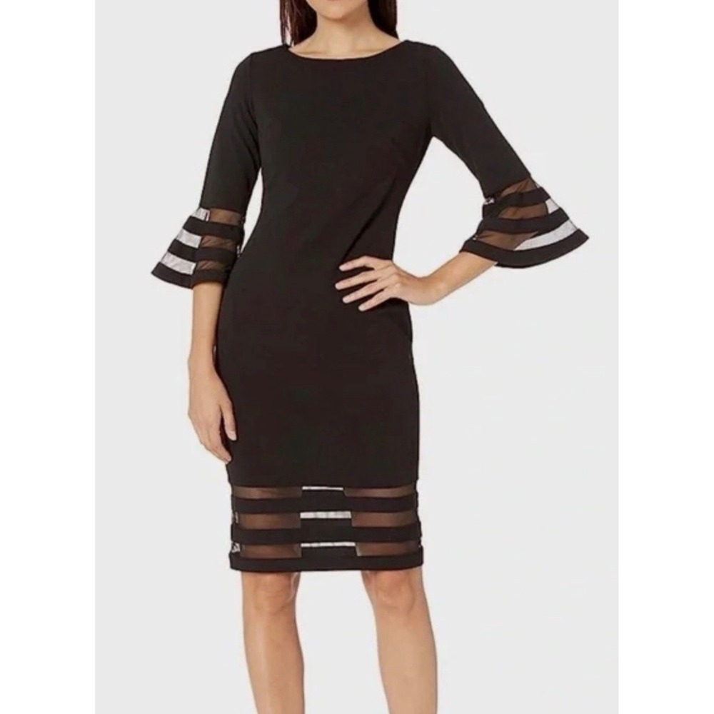 Calvin Klein Dress Size 6 Illusion Bell Sleeve Black Sheath Elegant Cocktail
